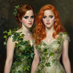 a beautiful painting of emma watson and christina hendricks dressed as a poison ivy, dark eyeliner, intricate, elegant, highly detailed, digital painting, artstation, concept art, matte, sharp focus, illustration, art by rebecca guay and by arthur rackham and by alphonse mucha and by john william waterhouse