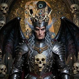 The Knight of Bones by Karol Bak, Jean Deville, Gustav Klimt, and Vincent Van Gogh, portrait of a handsome vampire knight in armor, piercing grey eyes, ornate armor covered in thorns, bat wings, ornate dramatic bat wing helmet, hair made of shimmering ghosts, mystic eye, otherworldly, crown made of bones, catacombs, ornate jeweled crown, skulls, fractal structures, arcane, inscribed runes, infernal relics, ornate gilded medieval icon, third eye, spirals