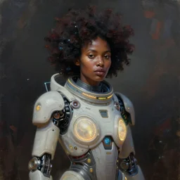 beautiful afrofuturistic himba woman, otjize, glowing spacesuit, himba hairstyle, led details, robotic arms, hyperrealistic, scifi, concept art, impasto oil painting, portrait, dark, muted colors