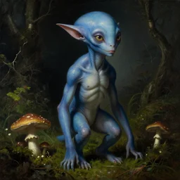 a close - up rococo portrait of an futuristic blue alien elf - like creature standing in moss, mushrooms, and swamp. night time. rich colors, high contast. gloomy, highly detailed 1 8 th century sci - fi fantasy masterpiece painting by jean - honore fragonard, moebius, and johfra bosschart. artstation