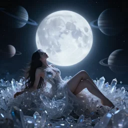 A beautiful whimsical woman basking in the moonlight on a bed of crystals below planets, cinematic lighting, dramatic atmosphere, by Dustin Nguyen, Akihiko Yoshida, Greg Tocchini, Greg Rutkowski, Cliff Chiang, 4k resolution,  trending on artstation