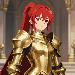 full anime portrait of beautiful paladin lady in the temple, face details, heavy brass armor, red ponytail, white skin, golden eyes, high fantasy, dnd, highly detailed, digital illustration, by kurone mishima, light novel art