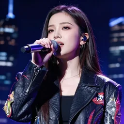 girl singing on stage, wearing fashion jacket, night city background, view from below | very very anime!!!, fine - face, audrey plaza, realistic shaded perfect face, fine details. anime. very strong realistic shaded lighting poster by ilya kuvshinov katsuhiro otomo ghost, magali villeneuve, artgerm, jeremy lipkin and michael garmash and rob rey