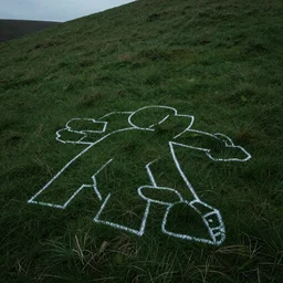 chalk outline in verdant British hillside, grassy, dark, cinematic, 4k,