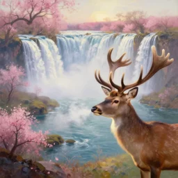 the most beautiful panoramic landscape, oil painting, where a giant dreamy waterfall creates a river, the trees around are starting to bloom in pink colors, a majestic deer is in close - up and it is exhaling steam, the ray lights of the sunrise are brightening him, by greg rutkowski