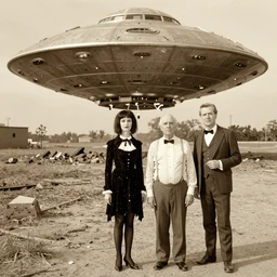 vintage photograph of the addams family, next to full body ufo crash, sepia