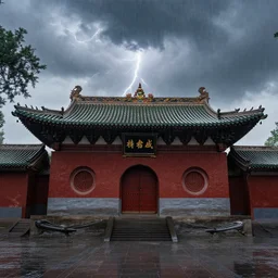 a shaolin temple in the rain, thunder, ultra realistic, canon eos r 3, f / 1. 4, iso 2 0 0, 1 / 1 6 0 s, 8 k, raw, unedited, symmetrical balance, in - frame