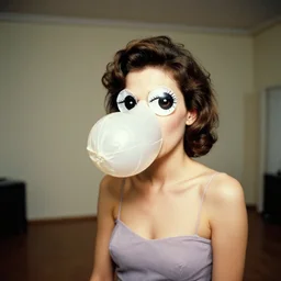 glamorous woman with an inflatable spherical prosthetic nose, hand - drawn eyes, 1 9 7 3, color, fassbinder, medium - shot in empty room, 1 6 mm film