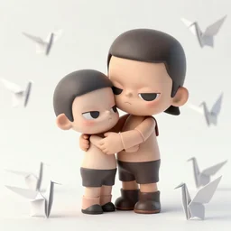kubo from kubo and the two strings, hugging his mother, surrounded by origami cranes
