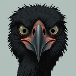 a black bird with a facial expression study. illustrated, superflat contemporary style, heavy metal, graphic novel, simon stalenhag, fiona staples, dustin nguyen, peter elson, alan bean, wangechi mutu,