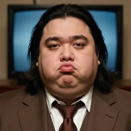 Close up portrait of a clean-shaven chubby man with long black hair wearing a brown suit and necktie with a television in the background. Photorealistic. Award winning. Dramatic lighting. Intricate details. UHD 8K. He looks very shy with his lips pursed together.