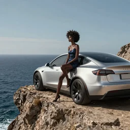 photo of a gorgeous black model sitting on a Sci-fi Tesla on a cliff on the ocean By Emmanuel Lubezki