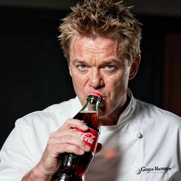 Gordon Ramsey chugging an entire 2 liter bottle of coca cola, intense expressionistic photograph, high quality, detailed, sharp