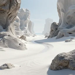 a futuristic beach of white sand surrounded by strange rock formations, intricate texture, a digital rendering by buckminster fuller, cgsociety, retrofuturism, futuristic, sci - fi, concept art