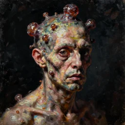 oil painting black background extreme chiaroscuro by christian rex van minnen of a portrait of an extremely bizarre disturbing mutated man with proteus syndrome shiny bulbous tumor intense chiaroscuro lighting perfect composition