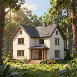 a beautiful hyperrealistic detailed 3D render of a house in the woods, sunlit, dawn, by Greg Hildebrandt, unreal engine, octane render, gigantic, 3D, brilliantly coloured, intricate, ultra wide angle, trending on artstation, crepuscular rays, dust, volumetric lighting, HDR, polished, micro details, ray tracing, 8k
