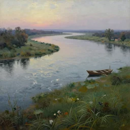 a grassy landscape with lakes and boats during dawn, ultra realistic, ultra detailed, beautiful oil painting, top view, wide angle, turbulent water, romantic era painting,