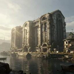 a beautiful very detailed rendering of harbor building urbex architecture by claude lorrain, sunlight cgsociety tron morning sun laser darkacademia sci - fi otherworldly bioshock infrared forest vice city gem bladerunner 2 0 4 9 tundra neon noir lightpaint thermal vision cosmic, archdaily, wallpaper, highly detailed, trending on artstation.