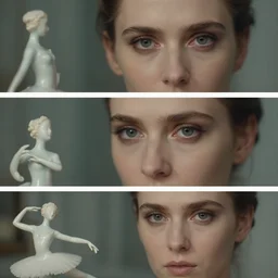 beautiful three point perspective film still of holly herndon ballerina in ronin, extreme closeup portrait in style of frontiers in blade runner miniature photography fashion architectural art studio vcr edition, porcelain fairy statue, eye contact, anatomically correct, tilt shift background, soft lighting, kodak portra 4 0 0, 8 k, macro, cinematic style by emmanuel lubezki