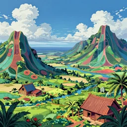polynesian landscape, open sky. hyperrealistic anime background illustration by kim jung gi, colorful, extremely detailed intricate linework, smooth, super sharp focus, bright colors, high contrast, matte, octopath traveler, unreal engine 5 highly rendered, global illumination, radiant light, polynesian landscape
