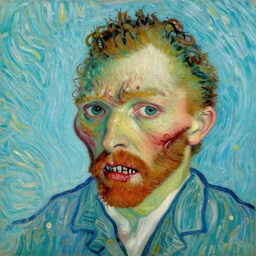 painting of a man with insects in his eyes, bloody face, ugly teeth in van gogh style