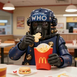 A Dalek from Doctor Who eating Happy meal in a McDonald's restaurant