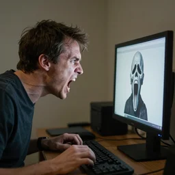an angry man yells at his computer monitor, in the style of the scream