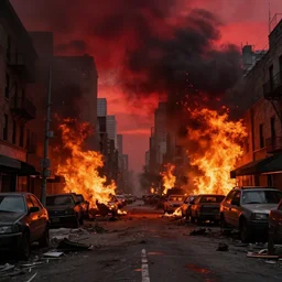 dirty, dark, streets of New York, huge fires flaming through the streets, blood red colored sky, apocalpyse, debris on the floor