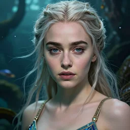 emilia clarke as khaleesi wearing a magical bikini in an underwater magical forest, piercing gaze, highly detailed face, realistic face, beautiful detailed eyes, fantasy art, in the style of artgerm, illustration, epic, fantasy, intricate, hyper detailed, artstation, concept art, smooth, sharp focus, ray tracing, vibrant, photorealistic