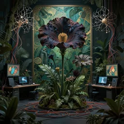 dark blossom and jungle plants, in a floral room full of neural networks and wires and computers, dark sci - fi, ai, 4 k realistic, art nouveau, mucha