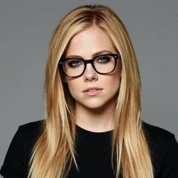 portrait photo of Avril Lavigne with nerdy glasses, 2024