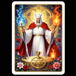 card of all powerful slim Magician, infinity, infitite potential, ourosboros, white robe, purity, red cloak, 80s fantasy sci-fi art poster, mighty hero, knowledge, table in front with a cup, pentacle, sword and wand – water, earth, air and fire, vines, roses, lillies, unlimited potential, flowers, fruition of ideas by frank frazzeta, brom, luis royo, Zdzisław Beksiński and thu berchs James Gurney unreal engine, Trending on artstation.
