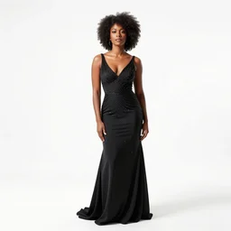 afro-haired opera singer in gown, cinematic studio photo, full body, standing, isolated on a pure white background, centered, whole figure in frame, sharp focus, studio lighting