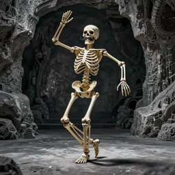 a skeleton with a handlebar moustache dancing without a care, artistic photography, f stop, iso, gray dungeon background, very realistic
