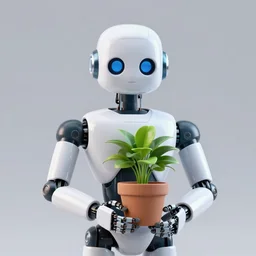 portrait of a robot holding a plant pot