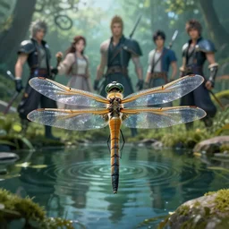 a portrait of a dragonfly above a pond by Greg Rutkowski, Sung Choi, Mitchell Mohrhauser, Maciej Kuciara, Johnson Ting, Maxim Verehin, Peter Konig, final fantasy , mythical, 8k photorealistic, cinematic lighting, HD, high details, atmospheric,