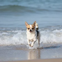 a chihuahua running through the surf on the beach