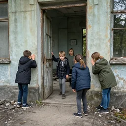 photo of kids playing hide and seek in chernobyl, 4k