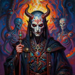 masterpiece painting of evil priest portrait by elena kukanova, jeff easley, james jean and zdizslaw beksinski, 8 k, epic, majestic, intricate artwork, volumetric lighting, psychedelic, dramatic vivid and vibrant colors, biomechanical, tribal, in the style of midjourney, trending on artstation, behance
