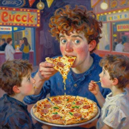 a painting of chuck-e-cheese with kids eating pizza by monet