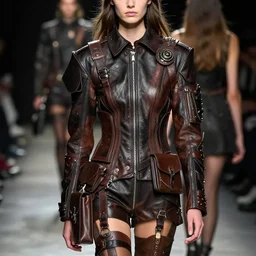 character front view of a young woman wearing a leather outfit with straps and padding and satchels and bags and holsters and decorations,!!! haute couture!!!, elaborate, intricate, in the style of craig mullins and jeremy mann and ashley wood, dramatic lighting, octane render, fashion shoot, runway, sharp focus