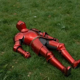 a shining red knight lies on a field of grass. in the style of rembrandt