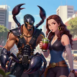 scorpion from mortal kombat video game and gamora drinking yerba mate. friendly, close. city of buenos aires in the background. digital art. trending on artstation. perfect composition, detailed art