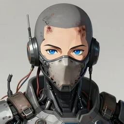 Male cyborg, battle-damaged, scarred, wearing facemask, youthful face, neutral expression, blue eyes, neutral background, headshot, sci-fi, wires, cables, gadgets, Digital art, detailed, anime, artist Katsuhiro Otomo