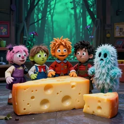 a full color still from a weird live action 1 9 7 3 kids show about cheese death, puppets, fuzzy ghost, grunge, horror, static