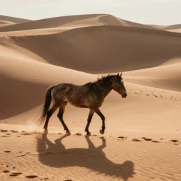 a carcass horse walking across sand dunes