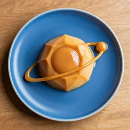 a top-down professional photo of a geometric tessellating dessert, drizzled with caramel in the shape of a solar system, on a blue plate, on a wooden table 4k, 8k