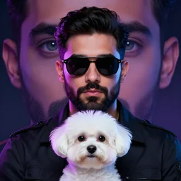 an epic editorial portrait of a man and white maltanese dog, cute white maltanese dog and handsome short black hair pilot with full beard and sunglasses, few gray, striking eyes, concept art, symmetrical eyes, trending in artstation, moody lighting, neon color scheme, photorealistic