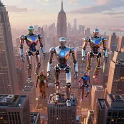 the infinite arts of the dream robots taking over new york by mia brownell, very detailed, maximalism, ambient occlusion, volumetric light, atmospheric haze, hyper realism, futuristic but colorful shading, cinematic composition, realistic render, photography, wide shot