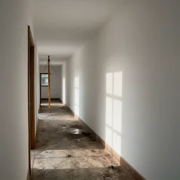 hallway, white wall, sailes, dirty floor,